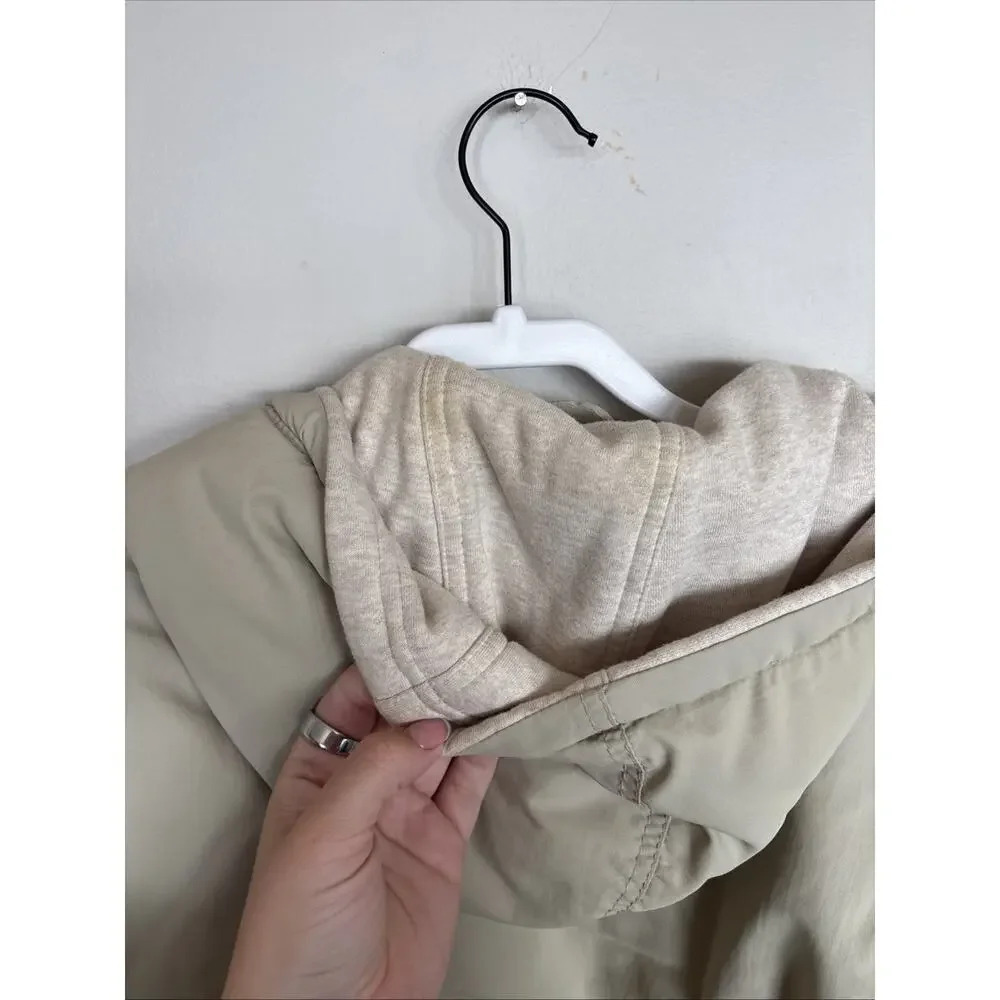 Arizona Jean Co Hooded Bomber Jacket Tan Beige Full Zip Striped Sleeve L